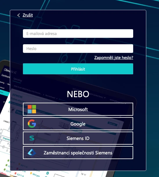 Přihlášení na portál Climatix IC e-mailem a heslem nebo účtem Microsoft, Google, Siemens ID